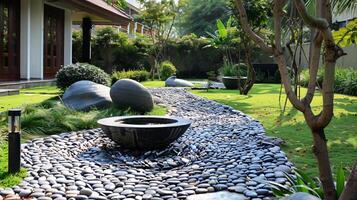 Modern Zen Garden with Stone Pathway and Sculptures photo