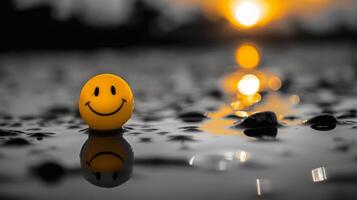 Smiley Face Ball on Wet Surface Reflecting Sunset Light with Bokeh photo