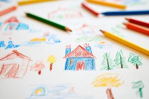 A drawing of houses and trees with colored pencils photo