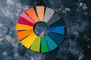 Vibrant Color Wheel on Textured Background Showcasing Diverse Hues for Art and Design Inspiration photo