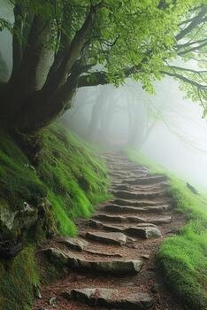 Enchanting Forest Pathway with Stone Steps Leading Through Lush Greenery photo