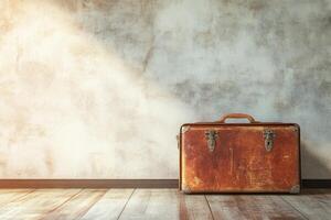 A brown suitcase is sitting on a wooden floor photo