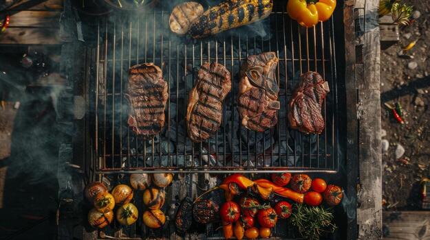 un parrilla con Tres piezas de carne y vegetales en eso foto