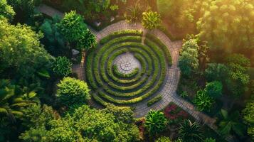 Aerial view of a peaceful garden labyrinth for contemplative meditation photo
