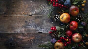 Overhead view of winter fruits on a rustic wooden surface photo
