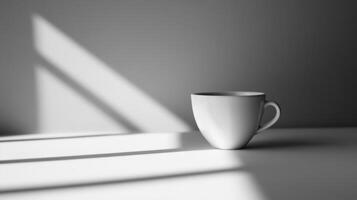 Minimalist White Coffee Cup in Sunlit Room with Dramatic Shadows photo
