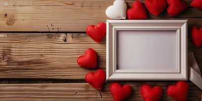 A wooden frame with a white background and a bunch of red hearts surrounding it photo