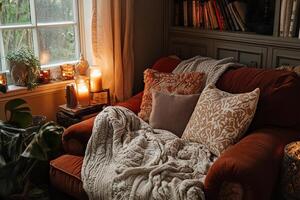 Cozy Living Room with Soft Lighting, Plush Sofa, and Decorative Pillows photo