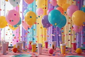 Detailed 3D view of a lively party setup featuring colorful balloons photo