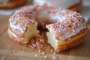 Delicious Glazed Donut with Colorful Sprinkles on Wooden Board photo