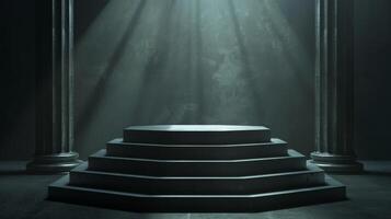 Mysterious Ancient Stone Pedestal in Dramatic Lighting with Majestic Columns and Atmospheric Shadows photo