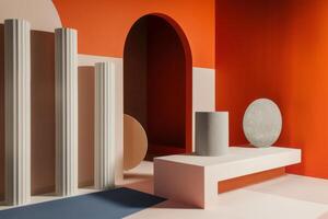 Modern Abstract Interior with Geometric Shapes and Bold Colors Featuring Columns photo