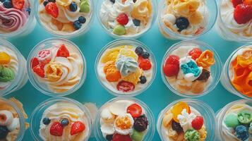 Colorful Assortment of Delicious Frozen Yogurt Cups photo