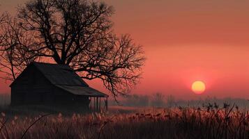 Serene Sunset Over Rustic Cabin in Tranquil Countryside with Silhouetted Tree and Vibrant Sky photo