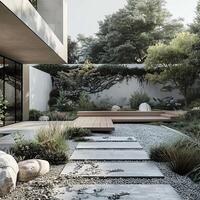 Modern Minimalist Outdoor Garden with Stone Pathway and Wooden Deck photo