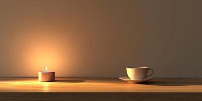 A candle is lit on a table next to a white cup photo