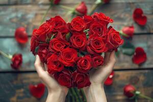 Heart-shaped bouquet of red roses being presented to a loved one photo