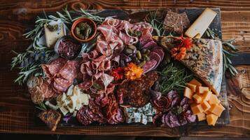 Overhead shot of a charcuterie board with cured meats and artisanal cheeses photo