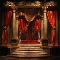 Luxurious Vintage Theater Stage with Ornate Red Curtains and Golden Columns in Dramatic Lighting photo