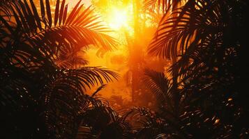 Silhouetted rainforest foliage creating a tranquil scene at sunset. photo