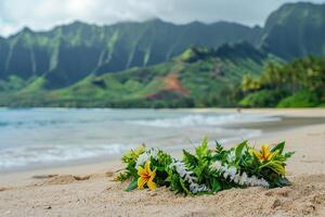 A beautiful flower arrangement is placed on the beach photo