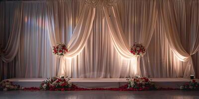 A large white curtain with red flowers and red roses on it photo