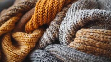 A pile of knitted sweaters with different colors and textures photo