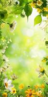 A green background with flowers and leaves photo