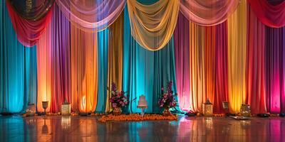 A colorful backdrop with a cake on a table in the middle photo