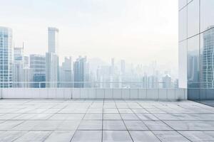Modern Urban Skyline View from a Spacious Rooftop Terrace with Glass Railings and Concrete Flooring photo