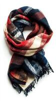 Cozy Multicolored Plaid Scarf with Fringed Edges on White Background for Fashion photo