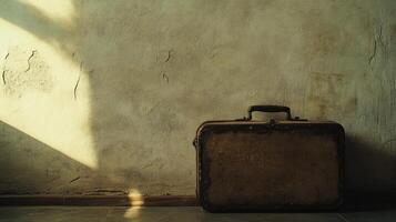 Vintage Suitcase Against Rustic Wall with Dramatic Lighting in Minimalist Setting photo