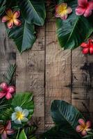 Tropical Floral Arrangement with Vibrant Plumeria and Lush Green Leaves on Rustic Wooden Background photo