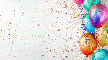 Colorful Party Balloons and Streamers on Blue Background with Confetti photo