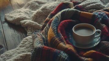 A cup of coffee is sitting on a white plate on top of a blanket photo