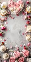 Heart-shaped arrangement of cupcakes and flowers for Valentine's Day treat. photo