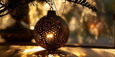 A Christmas ornament with a candle inside photo