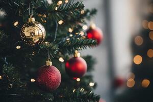 Festive Christmas Tree with Red and Gold Ornaments and Twinkling Lights in a Cozy Holiday Setting photo
