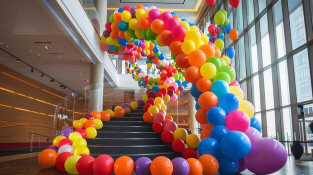 Colorful display of balloons arranged in a spiral staircase formation photo
