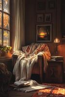 Cozy Armchair by Sunlit Window with Warm Blanket and Open Book in Rustic Autumn Setting photo