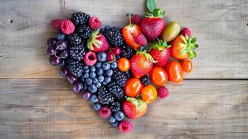 Directly above shot of assorted summer fruits arranged in a heart shape photo