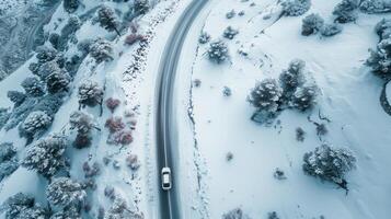 Drone shot of a road trip through a snowy mountain pass photo