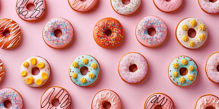 Colorful Assorted Donuts with Various Toppings on Pink Background in a Patterned Arrangement photo