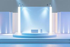 Modern Minimalist Stage with Soft Blue Lighting and Geometric Shapes photo