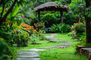 Serene Garden Pathway with Lush Greenery and Colorful Flower photo