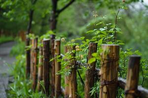 Serene Pathway with Wooden Fence and Lush Greenery in a Tranquil Garden Setting photo