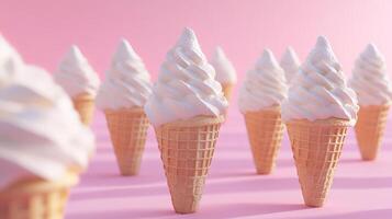 Delicious Vanilla Soft Serve Ice Cream Cones on Pink Background photo
