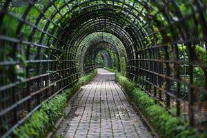 Enchanting Garden Pathway with Arched Metal Trellis photo