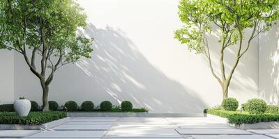 Modern Minimalist Courtyard with Green Trees and Geometric Landscaping photo