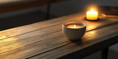 A candle is lit on a wooden table photo